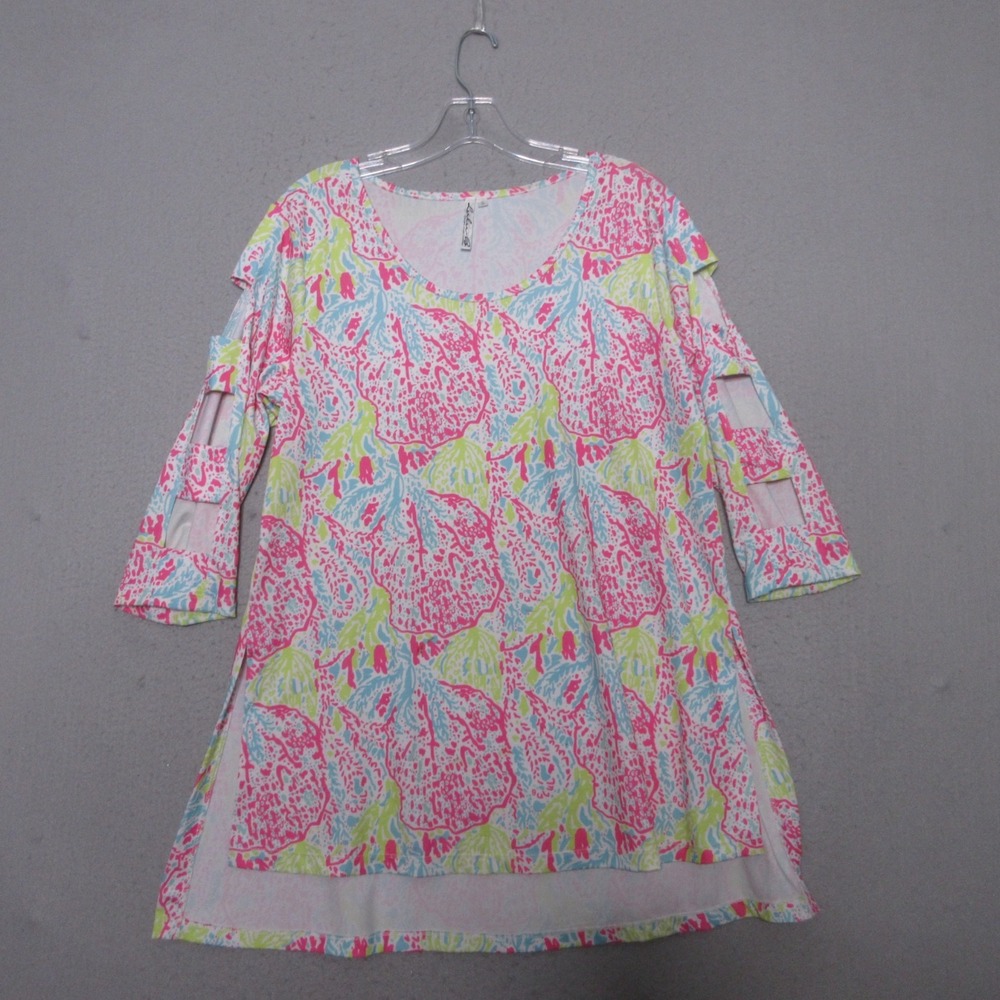 Lulu B Top Tunic Small Beach Pool Vacation UPF Cut Out Sleeve Relaxed Pink Blue